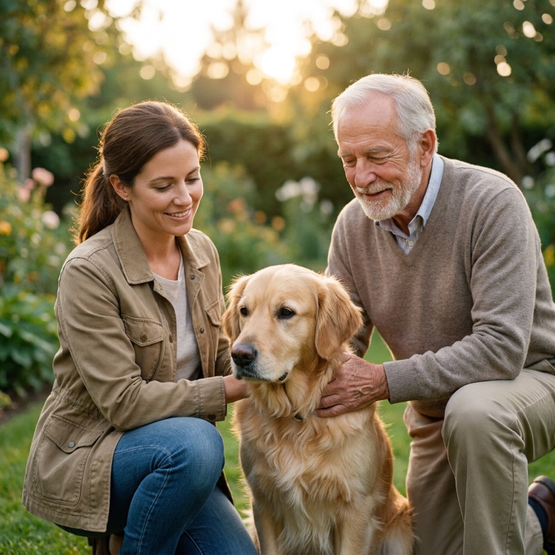 Médiation canine : intervenante et Golden Retriever accompagnant un adulte en extérieur
