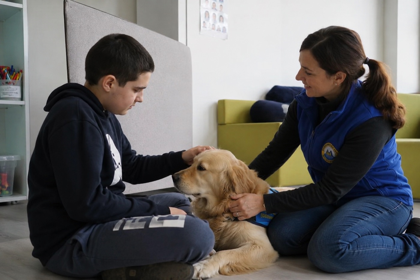Médiation canine : enfant et Golden Retriever en tendre complicité en intérieur