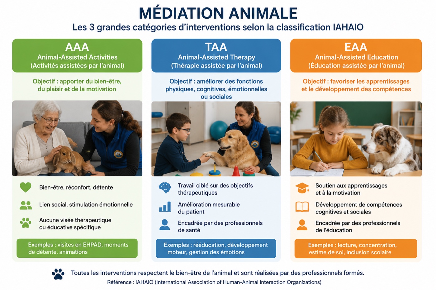 IAHAIO : 3 types d'interventions en médiation animale (AAA, TAA, EAA)